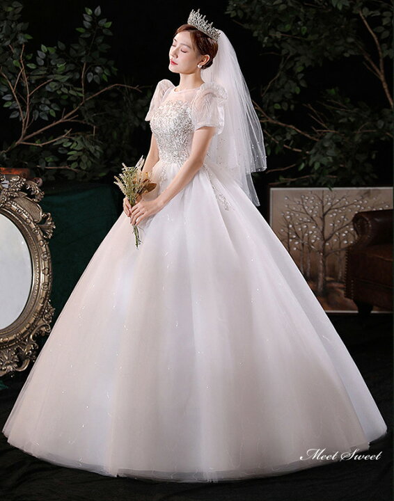 ウェディングドレス ウエディングドレス パフスリーブ フリル シフォン  