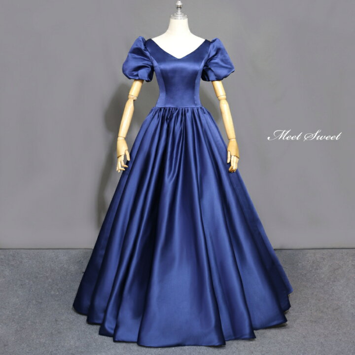 楽天市場】カラードレス Aラインドレス ロングドレス ネイビー ブルー  