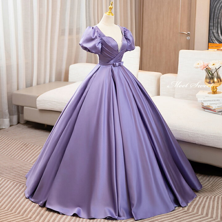 楽天市場】カラードレス Aラインドレス ロングドレス パープル サテン  