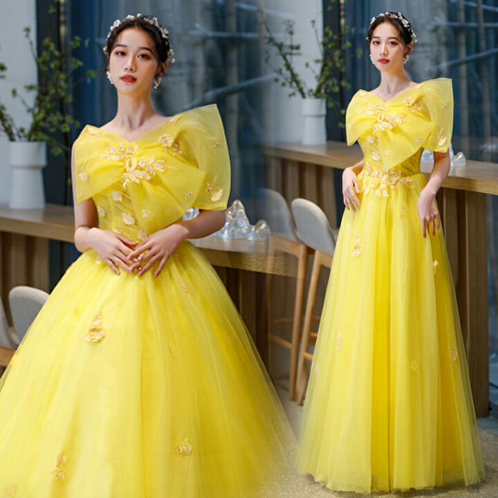 楽天市場】カラードレス Aラインドレス ロングドレス イエロー  