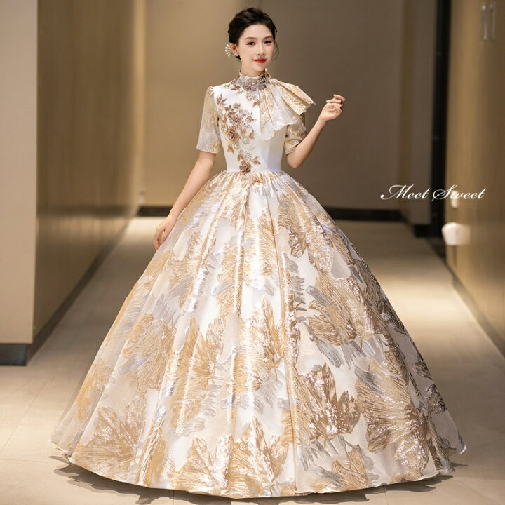 楽天市場】カラードレス プリンセスライン ロングドレス ゴールド 半袖  