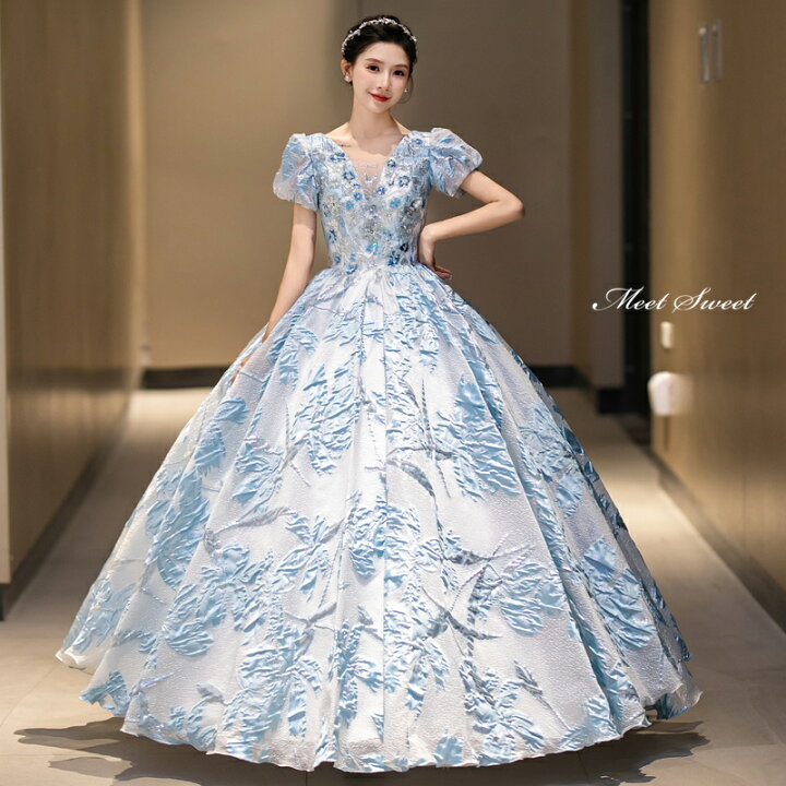 楽天市場】カラードレス プリンセスライン ロングドレス ブルー  