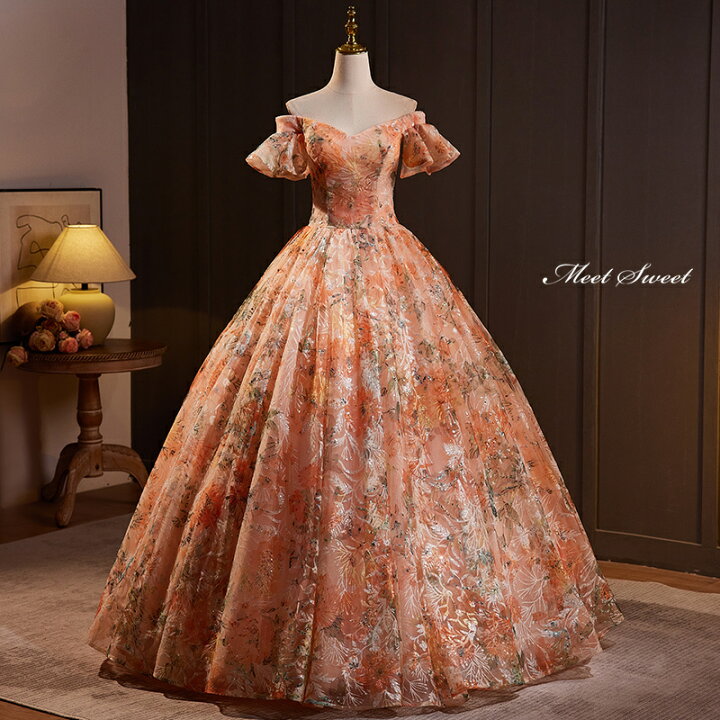 楽天市場】カラードレス プリンセスライン ロングドレス オレンジ 花柄  