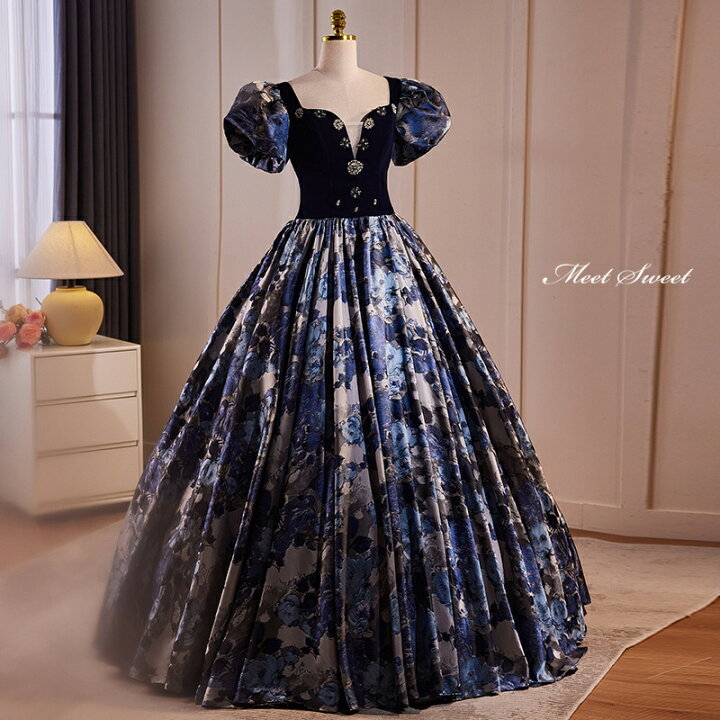 楽天市場】カラードレス プリンセスライン ネイビー 花柄 パフスリーブ  