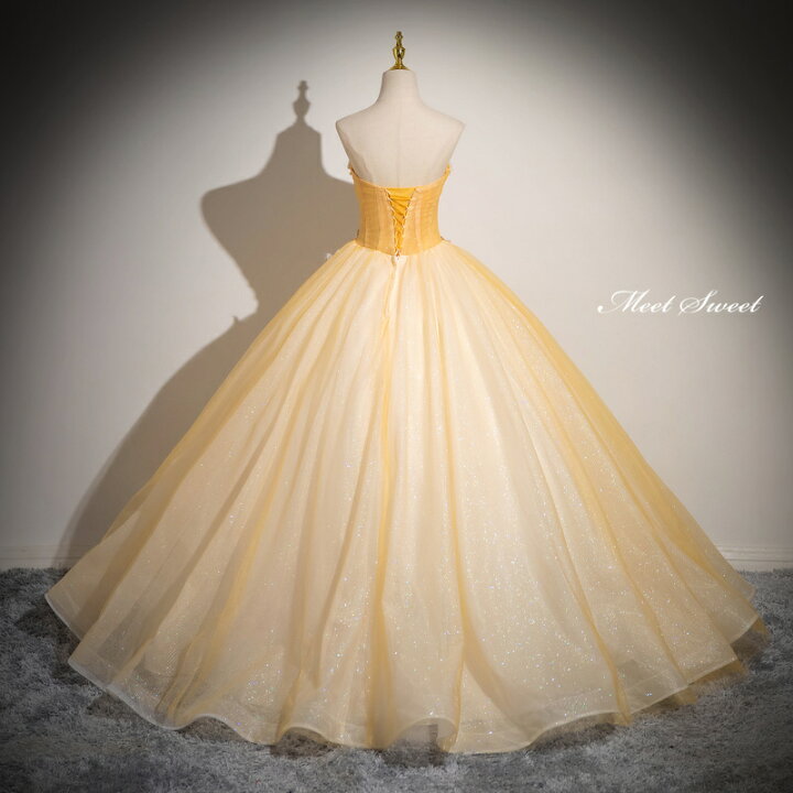 楽天市場】カラードレス プリンセスライン イエロー ベアトップ 蝶 袖  