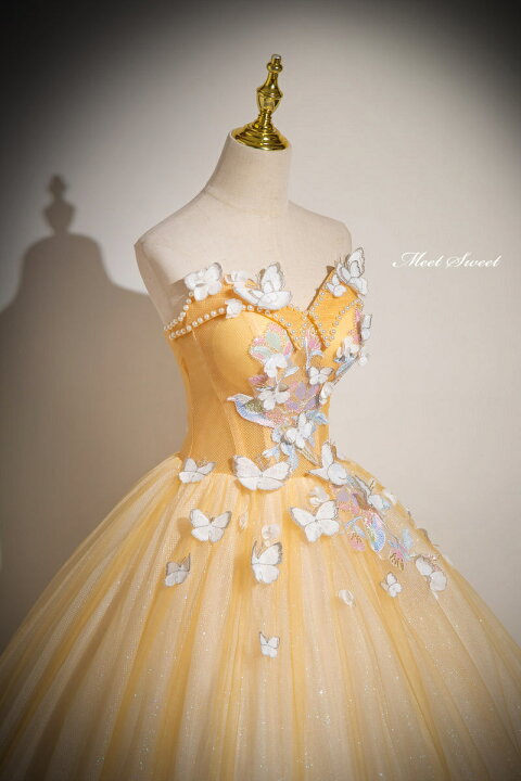 楽天市場】カラードレス プリンセスライン イエロー ベアトップ 蝶 袖  