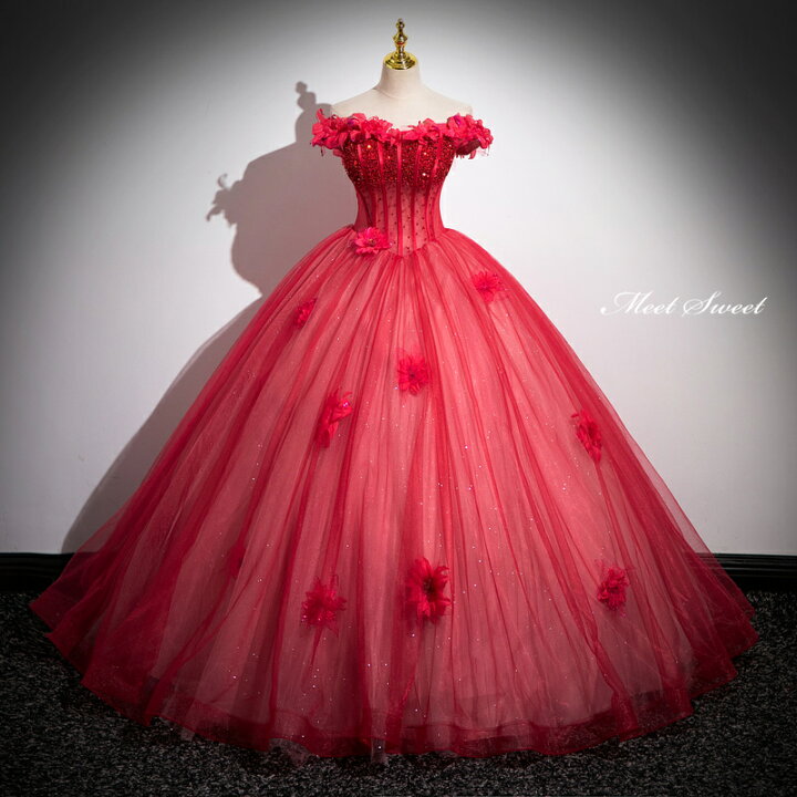 楽天市場】カラードレス プリンセスライン ロングドレス レッド オフ 