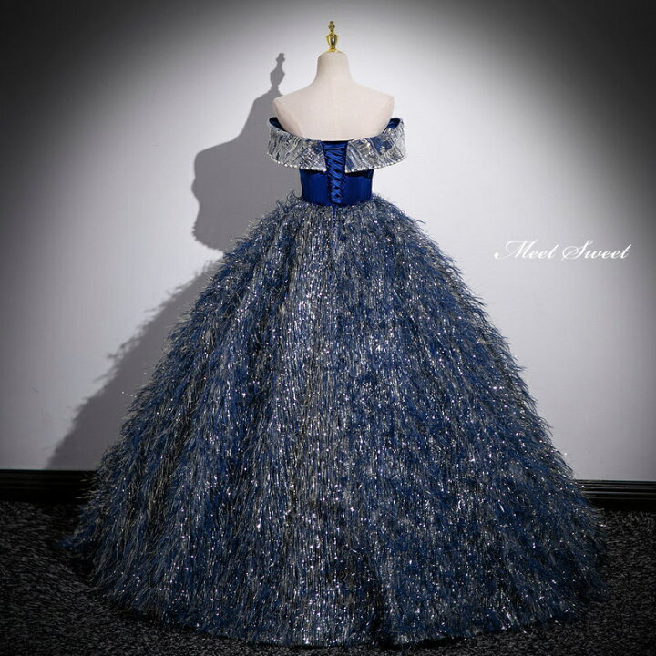 楽天市場】カラードレス プリンセスライン ロングドレス ブルー オフ 