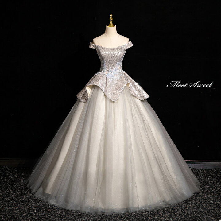 楽天市場】カラードレス プリンセスライン ロングドレス シルバー オフ 