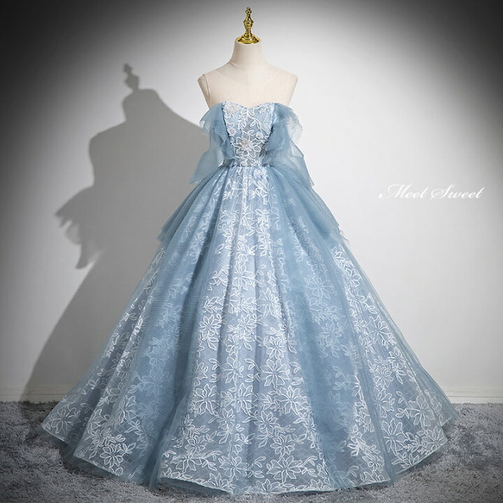 楽天市場】カラードレス プリンセスライン ロングドレス ブルー 花柄  