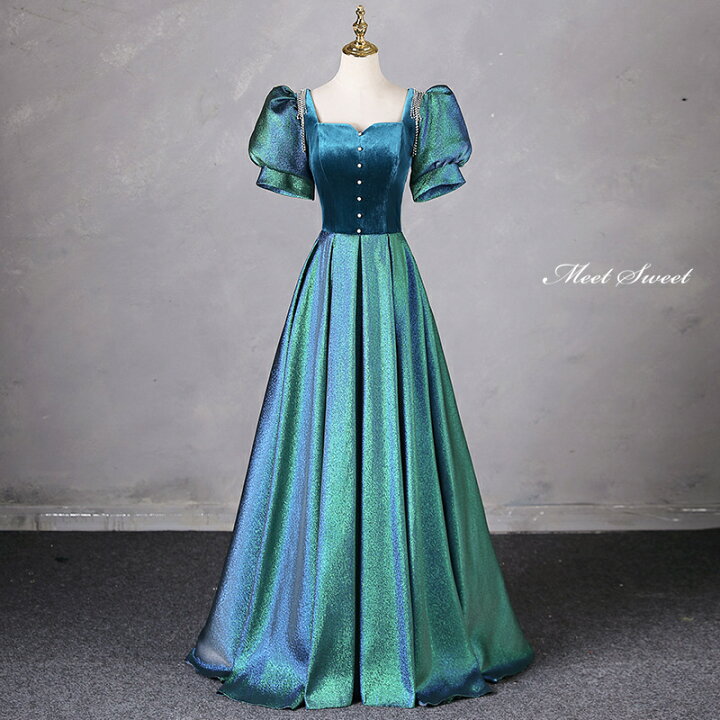 楽天市場】カラードレス Aラインドレス ロングドレス グリーン  