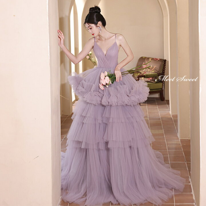 楽天市場】カラードレス プリンセスライン パープル フリル 袖なし  