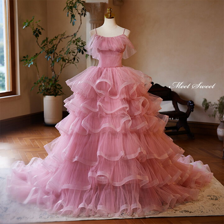 楽天市場】カラードレス プリンセスライン ピンク フリル ロングドレス  