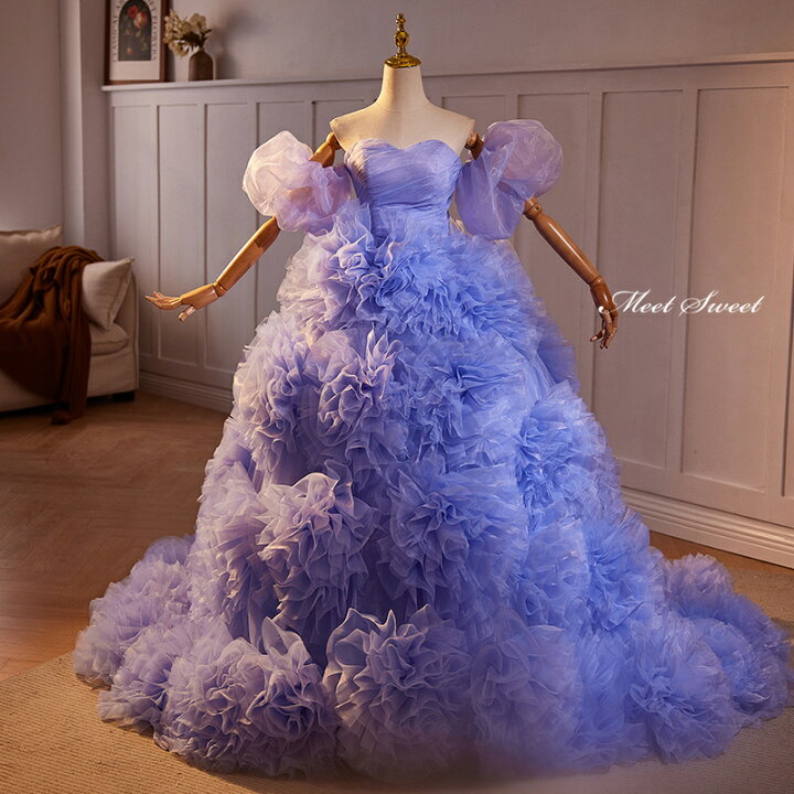 楽天市場】カラードレス プリンセスライン パープル 紫 フリル 袖付き  