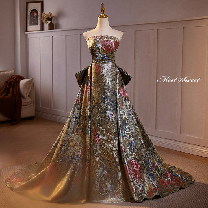 楽天市場】カラードレス プリンセスライン ゴールド 花柄 ベアトップ  