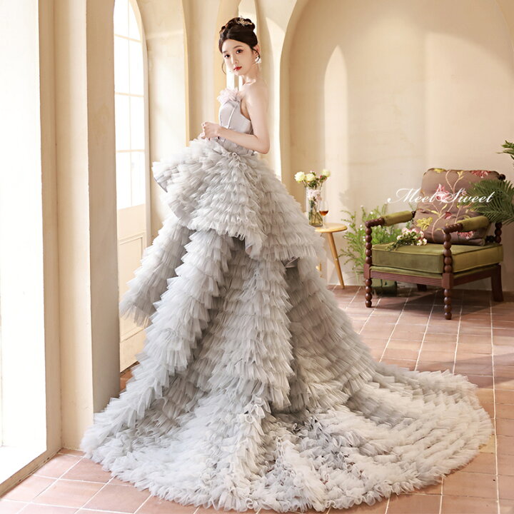 楽天市場】カラードレス プリンセスライン グレー ベアトップ フリル  