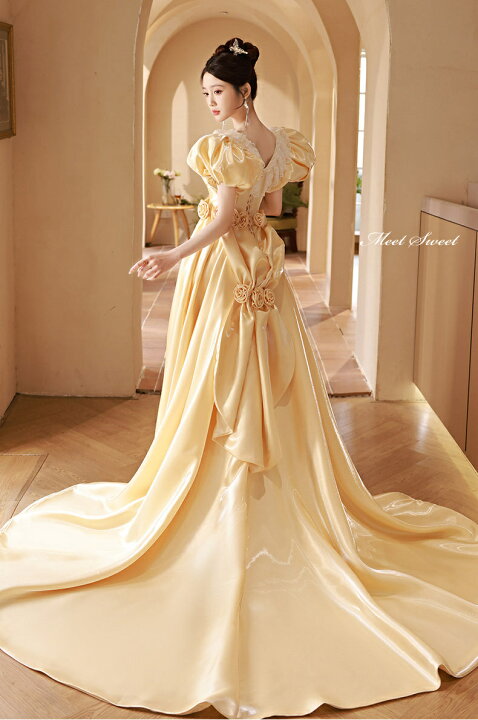 楽天市場】カラードレス ロングドレス イエロー パフスリーブ 昭和風  