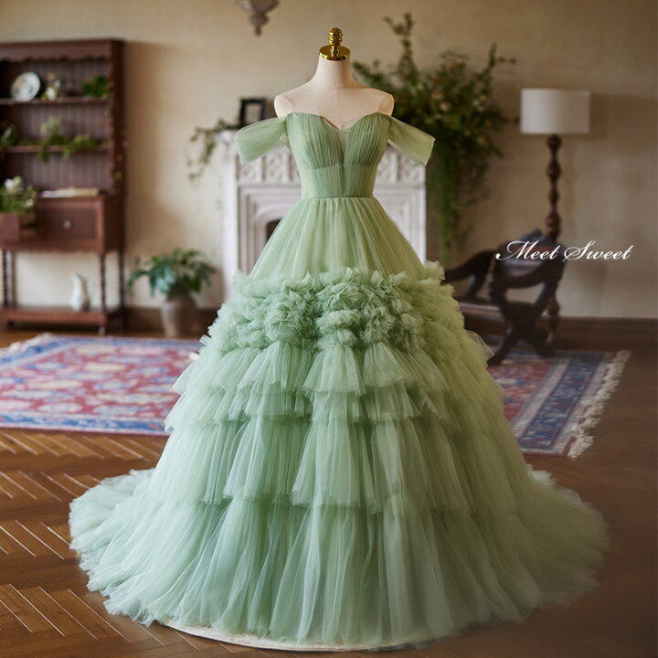 楽天市場】カラードレス プリンセスライン グリーン フリル オフ  