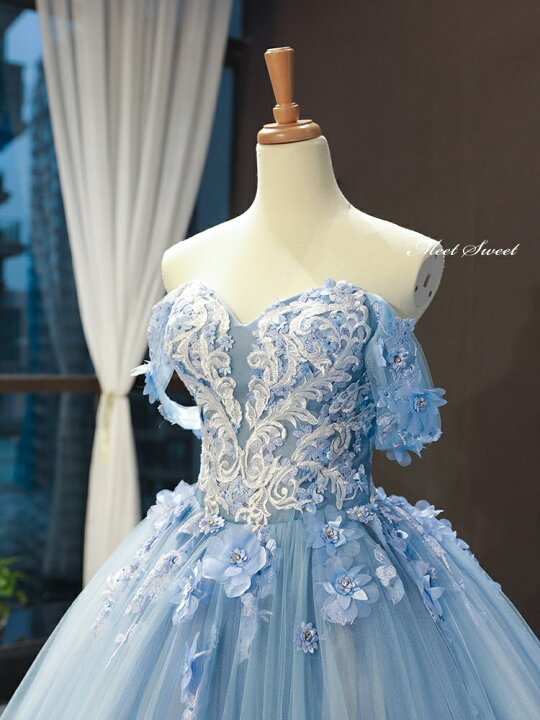 楽天市場】カラードレス プリンセスライン ブルー オフショルダー 花 
