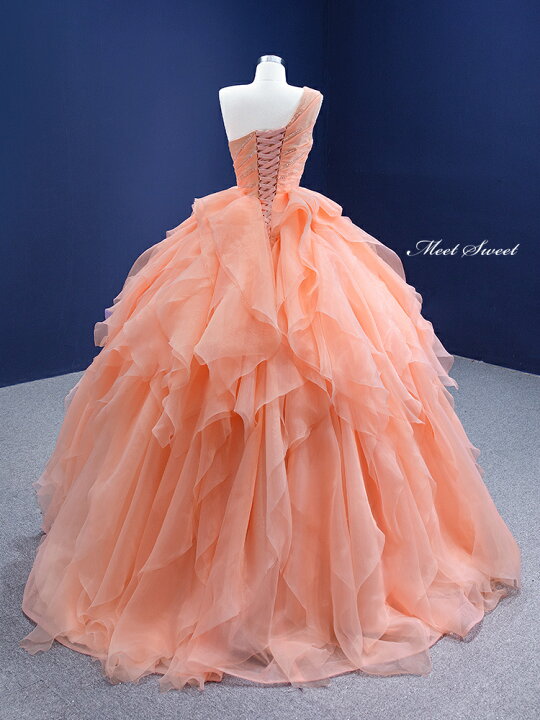 カラードレス 編み上げ オレンジピンク フリル のけぞっ ロングドレス  