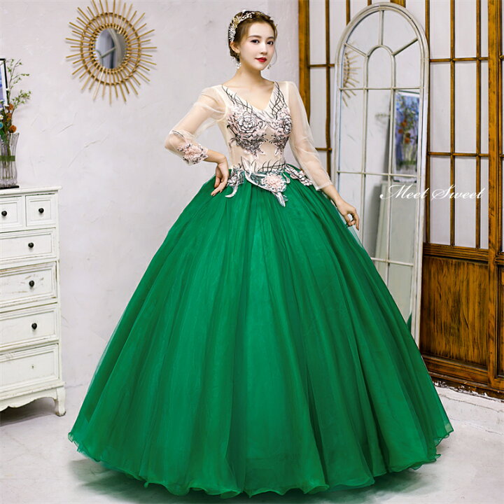 楽天市場】カラードレス プリンセスライン グリーン 緑 長袖 Vネック  