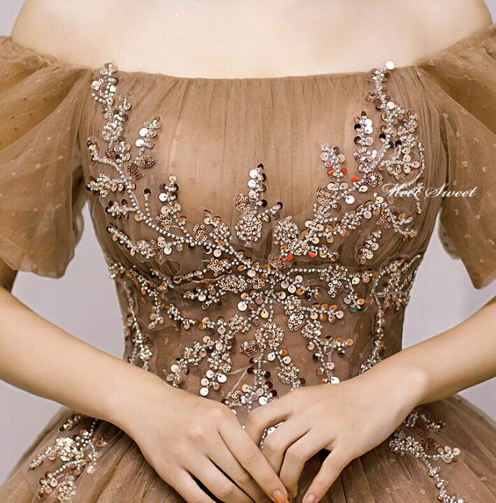 楽天市場】カラードレス プリンセスライン ブラウン オフショルダー  