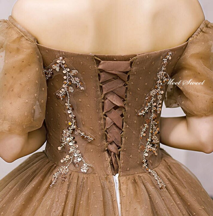 楽天市場】カラードレス プリンセスライン ブラウン オフショルダー  