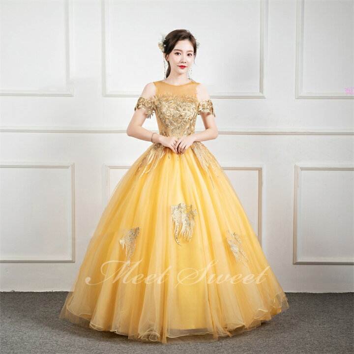 楽天市場】カラードレス プリンセスライン ロングドレス ゴールド  