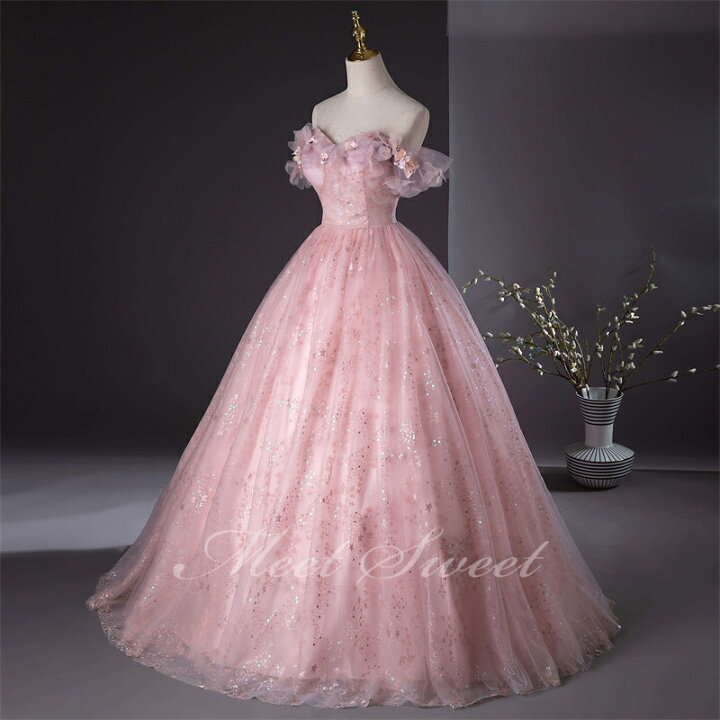 楽天市場】カラードレス プリンセスライン ピンク オフショルダー  