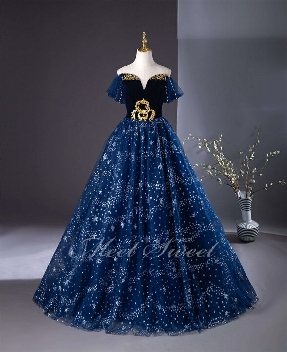 楽天市場】カラードレス Aラインドレス ネイビー オフショルダー 星柄  