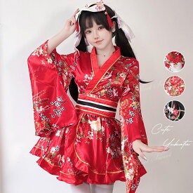 浴衣 和服風 ワンピース 夏祭り コスプレ 大人用 仮装 着物 ハロウィンコスプレ 衣装 大人 女性 可愛い レディース かわいい コスチューム ハロウィン仮装 コスプレ衣装 コスプレ仮装 学園祭 文化祭 レッド ホワイト ブラック 和風プリント 光沢素材 簡単着用