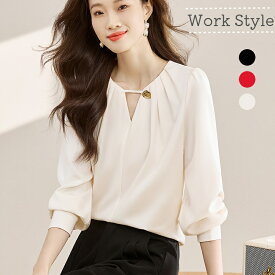 【スーパーSALE特典中】 シフォン シャツ 長袖 丸首 ラウンドネック 金具付きブラウス 女性服 レディース服 可愛い 無地 シンプル カジュアル 春夏 速乾 通勤 日常 カジュアル ビジネス OL 秋 インナー 重ね着 面接 社会人 入学式 長袖ブラウス S M L XL おしゃれ