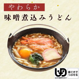 やわらか食 やわらか味噌煮込みうどん 1食 介護食 やわらか食 歯ぐきでつぶせる 冷凍 短麺 うどん 蒲鉾 海老 卵 とろみ 高齢者 そふまる