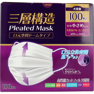【エントリーでポイント5倍】 三層構造プリーツマスク 口元空間ドームタイプ やや小さめサイズ 大容量 100枚入