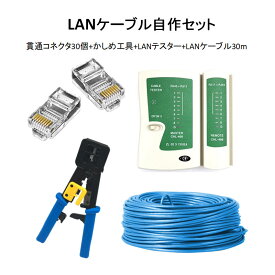 LANケーブル自作セット 貫通コネクタ30個+かしめ工具+LANテスター+CAT6ALANケーブル30m RJ45 8P6P 貫通型 簡単 圧着 プラグ DIY ネットワーク 配線 速達発送