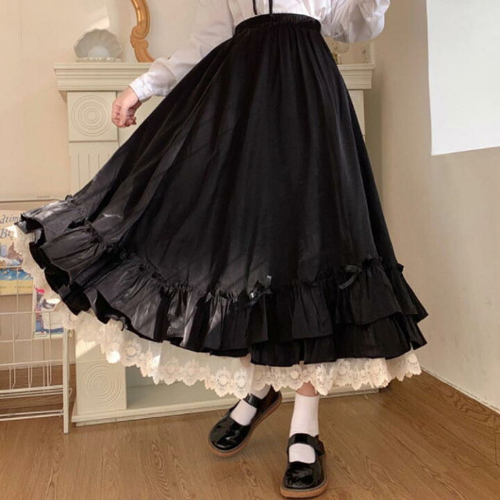 楽天市場】ふんわり ロリータ ロング 黒 スカート 森ガール スカート 