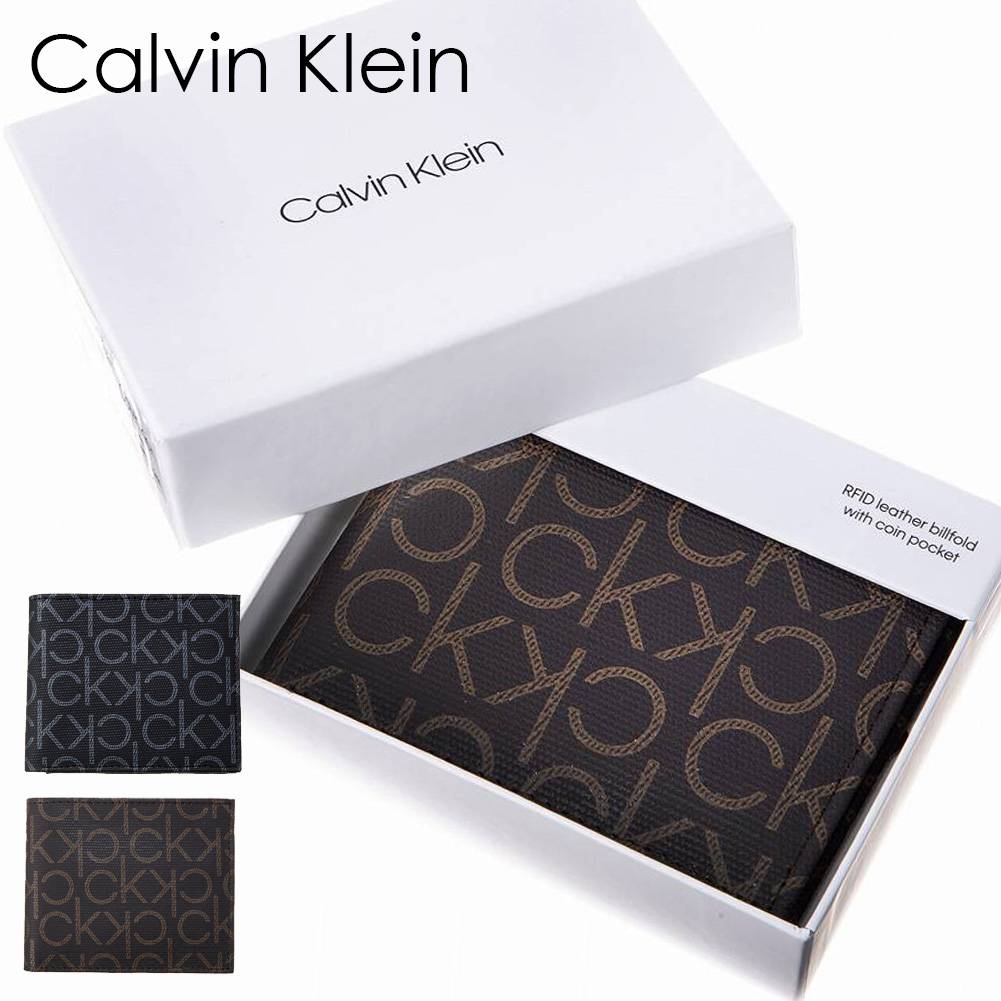 Calvin Klein 財布 あす楽 カルバンクライン 別倉庫からの配送 2色 二つ折り財布 安値 79463 ブラック ラッピング可能 ロゴ チョコレート モノグラム CK 有料 メンズ