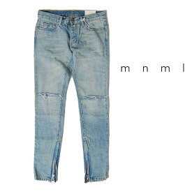 アウトレット mnml LA発 裾ZIP付き 好シルエット LOS ANGELES ミニマル ロサンゼルス M5 DENIM PANTS INDIGO BLUE デニム パンツ ボトムス ダメージ インディゴ ブルー 青 メンズ 男性 HIPHOP ヒップホップ ストリート カジュアル エムエヌエムエル