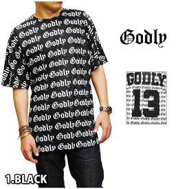 アウトレット　GODLY ALL OVER TEE T-SHIRTS NO.13 BLACK WHITE ゴッドリー オール オーバー プリント Tシャツ 半袖 背番号13 ブラック ホワイト 黒 白 メンズ 男性 トップス HIPHOP ヒップホップ 総柄