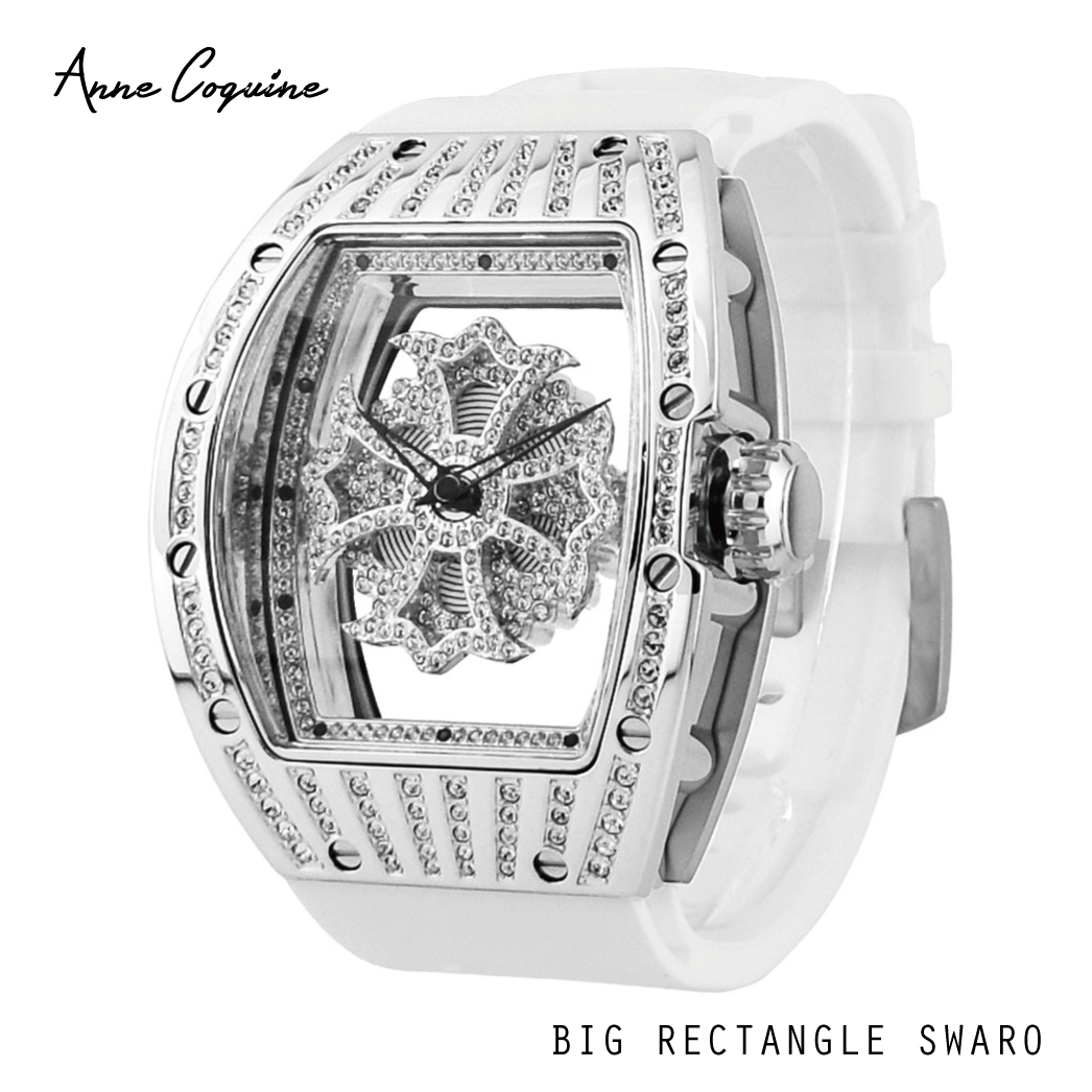  アンコキーヌ Anne Coquine 腕時計 メンズ 時計<br> ビッグレクタングルスワロ シルバー ホワイト 1147-1401 クリスタルストーン ユニセックス ラグジュアリー 記念日 ブランド 高級 ペア ぐるぐる 回る ゴージャス プレゼント ギフト