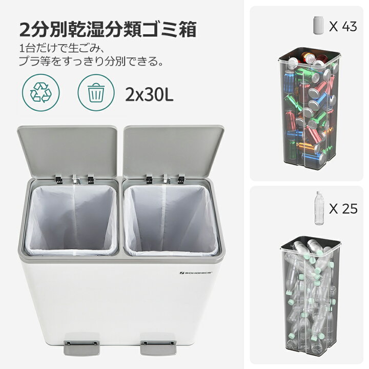 TZAVE ゴミ箱 ふた付き 分別 2×20L（ゴミ袋2ロール付き）自立式 