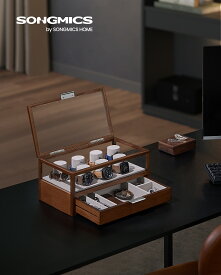 【P5★5%OFF 01/9-16限定&買うともう1つ】SONGMICS 時計ケース 腕時計7本収納 2段時計保管ボックス アクセサリー収納 ウォッチケース 木製 透明蓋 おしゃれ 父の日プレゼント メンズ レディース 誕生日お祝いギフト 木色/ブラック【送料無料(北海道 沖縄 離島など除く)】