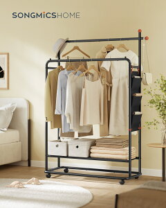【48H限定 ★15%OFF!】SONGMICS HOME ハンガーラック 2段 頑丈 衣装ラック 洋服 コード掛けパイプハンガー 棚 キャスター付き 幅103cm 衣類収納 安定性 移動しやすい ちょうどいいサイズ 室内物干し