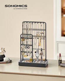 【5 の日限定★5% OFF＆P5 還元】SONGMICS アクセサリースタンド ピアススタンド おしゃれ ネックレススタンド アクセサリー整理スタンド 収納 大容量 金属フレーム＆ベルベットトレー付き ネックレス ピアス ブレスレット収納 スタッド/リング対応 ギフト 20x11.5x30.8cm