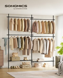 SONGMICS ハンガーラック ツッパリ式 伸縮横162-238cm、縦208-310cm 2列 洋服掛けスタンド 室内 ベランダ物干しラック 衣類収納 鞄掛け L字型設置可能 ホワイト HSR154W01