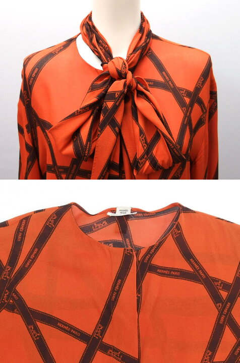 中古】HERMES(エルメス) 長袖シャツブラウス ボルドー×アイボリー×マルチ 