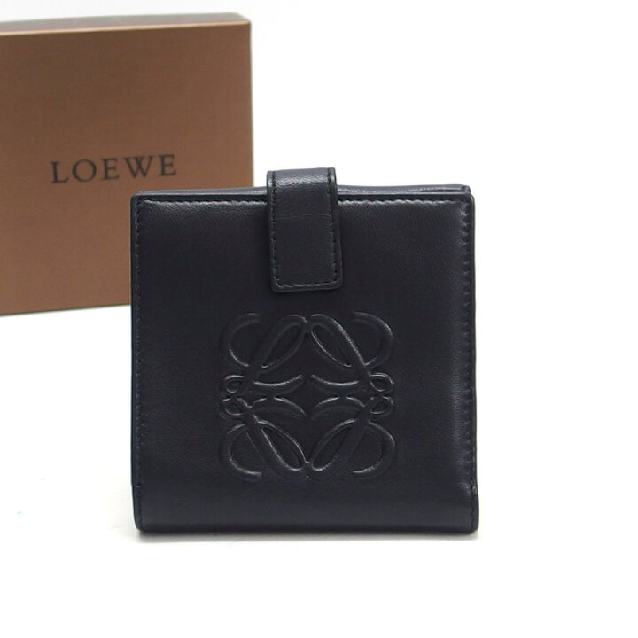 LOEWE Wホック 二つ折り コンパクト財布 アナグラム レザー ブラック