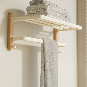 木目調タオルラック 浴室用 免打孔 日系 ホワイト 壁掛け タオルハンガー バスルーム 収納ラック バスタオル掛け 小物置き 省スペース インテリア