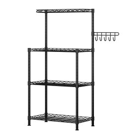 レンジラック 段収納 レンジ台 電子レンジラック 大型レンジ対応キッチンラック 高さ調整可動棚 高耐荷設計 省スペース 5個 フック