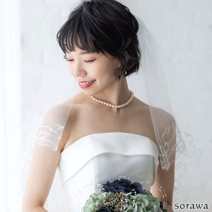 メール便 送料無料 ハート ホワイト 花 ステッチ ウェディングベール 刺繍 繊細 白 ブライダルベール 日本製 140cm オフホワイト 70cm 草花 227 M